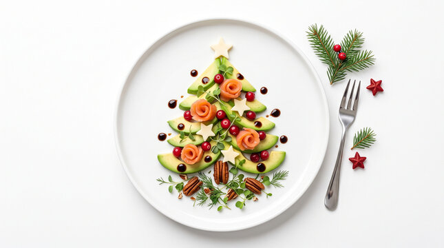 Creative Christmas tree salad with avocado slices, smoked salmon roses, cranberries, and cheese stars stock photo&mdash;featuring an artistic holiday appetizer arranged in the shape of an evergreen tree usi