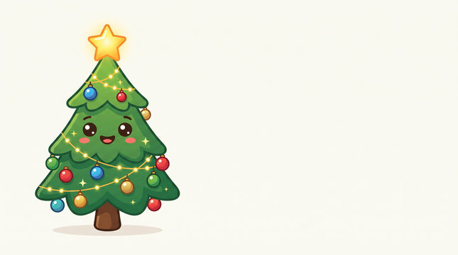 Cute kawaii smiling Christmas tree with glowing fairy lights and colorful baubles stock illustration&mdash;featuring an adorable cartoon evergreen pine tree with a happy smiling face, topped with a bright g
