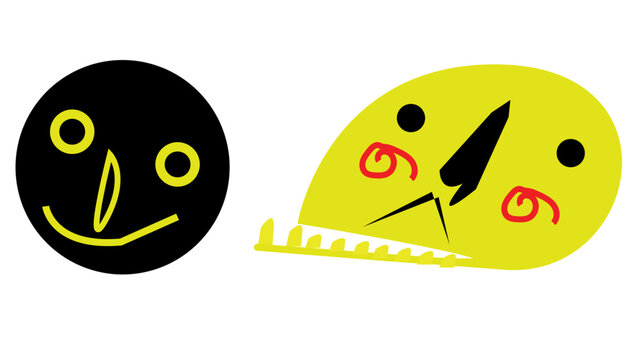 Abstract illustration featuring a black oval face and a yellow stylized head with simple expressive 