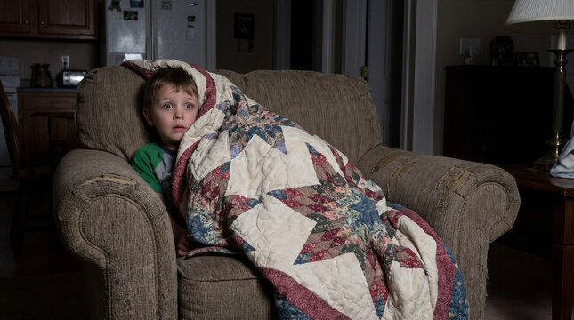 Scared little boy hiding under a patchwork quilt watching a scary movie