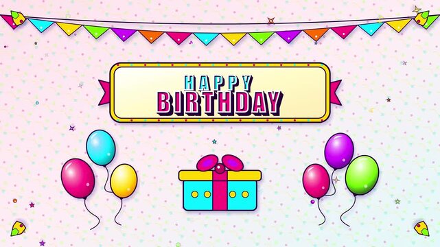 Happy Birthday celebration banner vector illustration with colorful balloons, gift box, and hanging bunting flags
