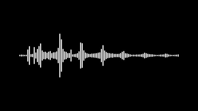 Audio waveform visualizer animation on black background, white sound wave spectrum, podcast frequency meter, music equalizer bars, 4k