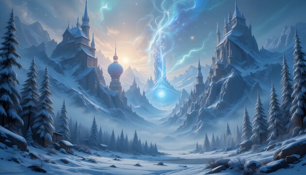 Epic winter fantasy landscape with glowing blue magic eye portal and lightning in snowy mountains. Generative AI