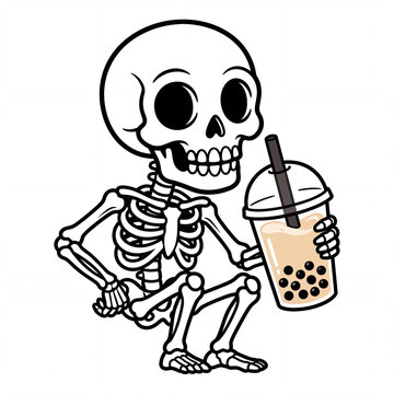 Cute skeleton drinking bubble tea cartoon graphic illustration sticker