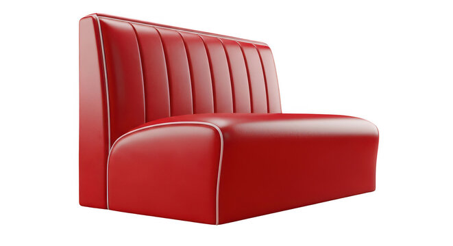 Classic red leather diner booth seating with white piping on transparent background.