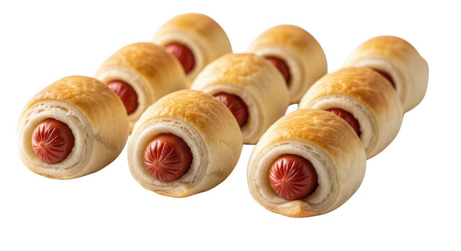 Eight pigs in blanket mini hot dogs baked in golden pastry arranged for party.