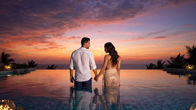 Couple in luxury infinity pool at sunset.
