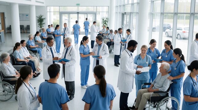 Healthcare team in uniform interacts with patients in bright hospital lobby. Nurses, doctors exchange documents, assist seniors on wheelchairs, engage in consultations. Modern medical facility with