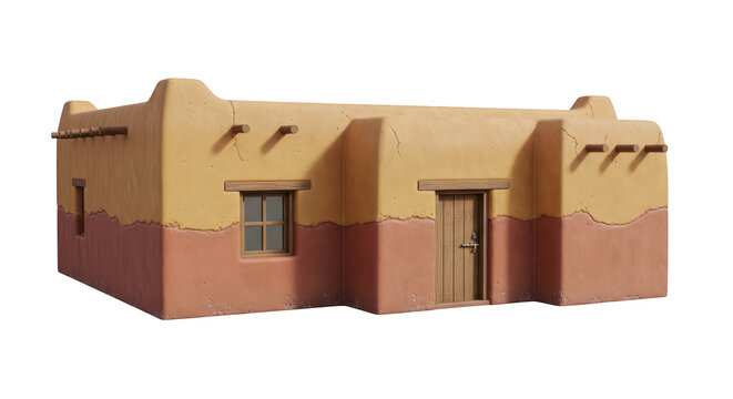Rustic adobe mud house architectural model design element, desert village dwelling concept mockup for heritage tourism advertising background