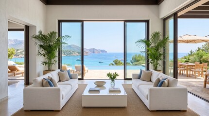 Fototapeta premium Luxury Living Room with Panoramic Mediterranean Sea View and Infinity Pool