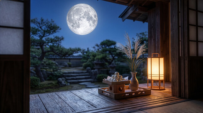 満月が照らす和室の縁側にお供えされたお月見団子とススキ（中秋の名月・秋の伝統行事）