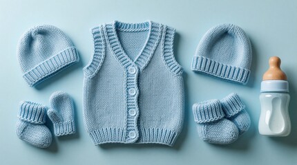 Fototapeta premium Blue knitted baby clothes set on light background. Hand made infant vest, hat, mittens, socks with feeding bottle. Soft textile apparel for newborn boy. Minimalist composition for baby shower gift
