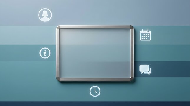 Digital whiteboard, communication and business management on blue background for strategy, planning and info hub. Mockup, presentation and networking icons for corporate display and marketing