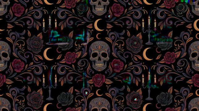 Seamless pattern with sugar skulls, dark roses, crescent moons, and candelabras on black background