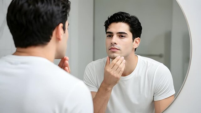 Man checking skin in bathroom mirror with close-up focus on face