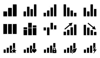 Obraz premium Set of black bar chart icons representing various data trends and signal strength levels on white background