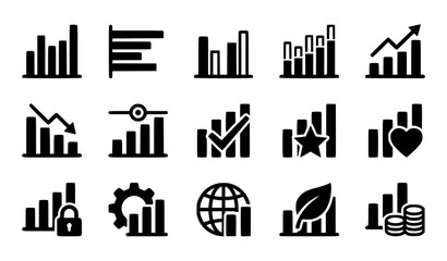 Obraz premium Set of black and white business graph and data chart icons for financial analysis and reporting