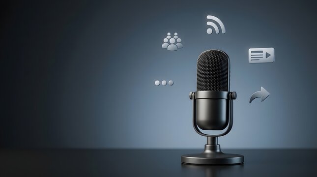 Podcast microphone audio and recording equipment for broadcasting, radio and media production. Sound studio, voiceover and streaming with icons, communication and digital content for web marketing