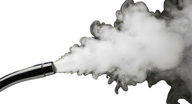 Chrome steam nozzle releasing thick white vapor on transparent background design.