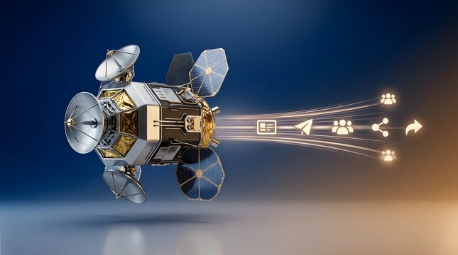 Satellite, communication and data in space with connection, internet and global network for connectivity. Aerospace, technology and signal in orbit with broadband, telemetry and transmission