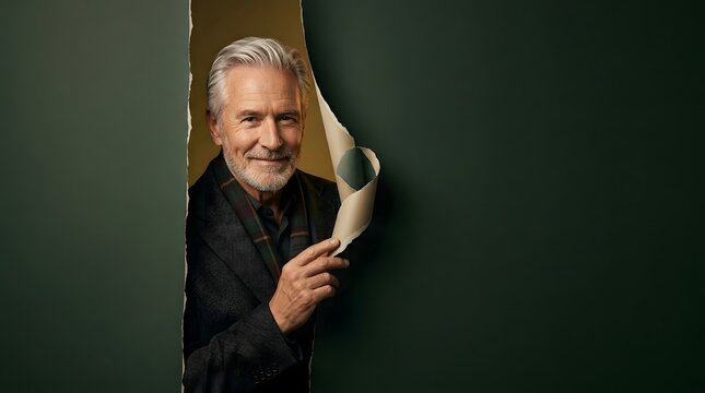 Mature man, portrait and peeking through paper with hole, green background and discovery for marketing, creative and advertising. Senior male, suit and looking at camera with secret, reveal and grin
