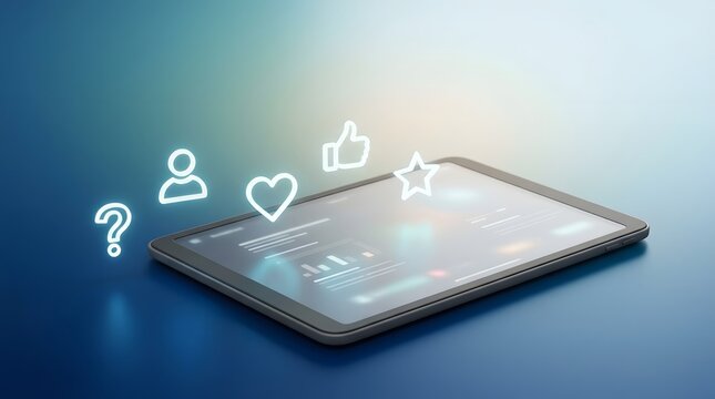 Social media icons, tablet and digital marketing with engagement, likes and online feedback for networking. Communication, heart and follow with thumbs up, star and share for brand growth strategy