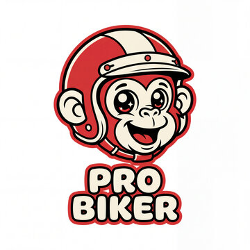 Cute monkey wearing red motorcycle helmet pro biker vector logo