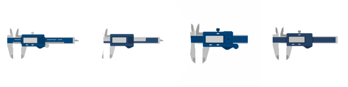 Set of digital caliper vector illustrations for precision measurement and engineering tools isolated on white background