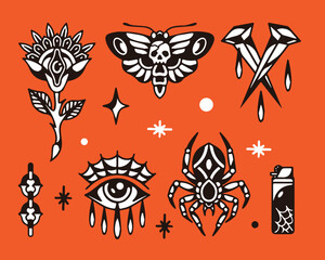 Fototapeta premium illustration set of vintage groovy illustration oldschool tattoo flash with bold line on orange. handrawn style vector graphics. perfect for tattoo, poster, sticker, t-shirts, etc