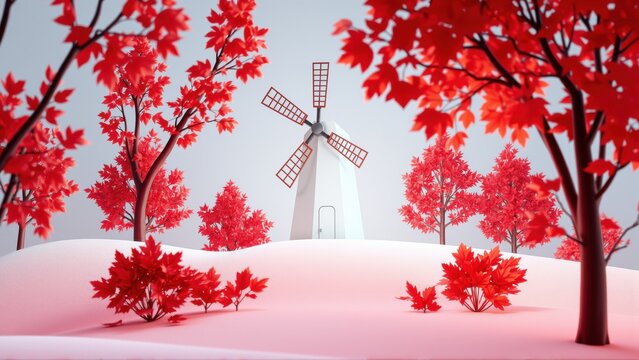Minimalist scene depicts windmill atop gentle hill. Red foliage surrounds structure, creating autumn ambiance. Soft lighting, simple shapes.