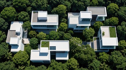 Fototapeta premium Modern white houses nestled in dense green forest. Buildings feature flat roofs, glass walls, and integrated gardens, blending architecture with nature.