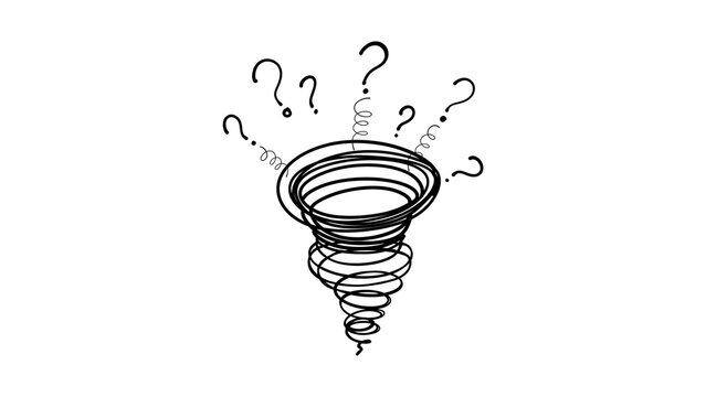 Hand drawn tornado vortex with question marks doodle isolated on transparent background. Conceptual doodle illustration representing confusion, brainstorming, complex choices, problem-solving