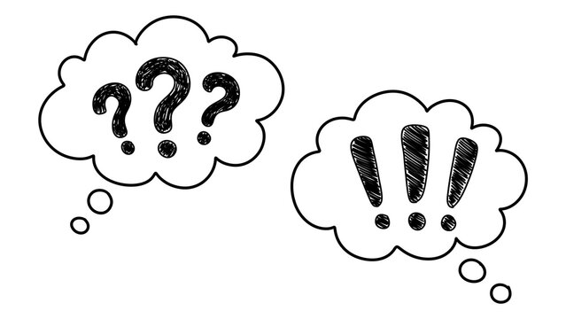 Hand drawn thought speech bubbles with question and exclamation marks isolated on transparent background. Comic style doodle set for dialogue, questions, answers, ideas, and problem-solving concepts.