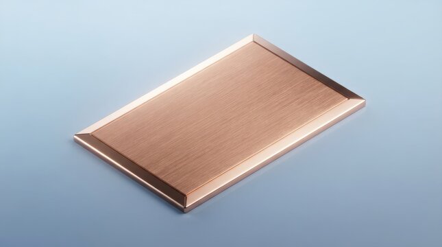 Beveled copper colored rectangular metal plate on blue background with metallic