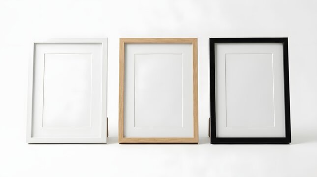 Three blank empty picture frames with white mat boards, featuring white, natural wooden, and black finishes, standing vertically on a clean white surface against a bright background, ideal for art dis