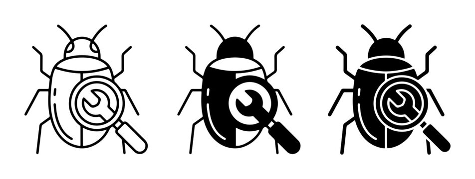 3 Bug Icons with Magnifying Glass and Wrench, Outline and Solid Styles, for Software Debugging