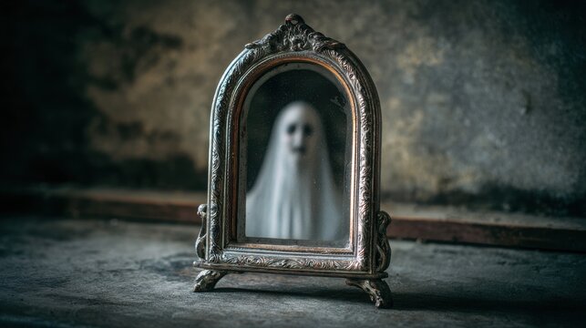 Ghostly figure with hollow black eyes appears reflected inside an ornate vintage mirror standing on a dusty surface in a dark room.