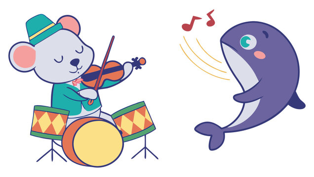 Playful cartoon koala with violin and dancing whale