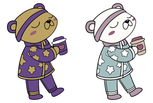 Cartoon bear in purple pajamas holding coffee cup with heart