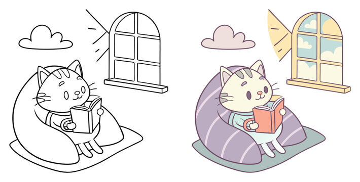 Cartoon cat reading a book in bed with sunbeams and clouds