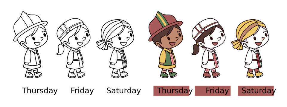 Colorful cartoon children dressed as days of the week with accessories