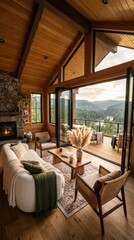 Fototapeta premium Cozy Modern Mountain Cabin Living Room with Scenic Forest and Mountain View