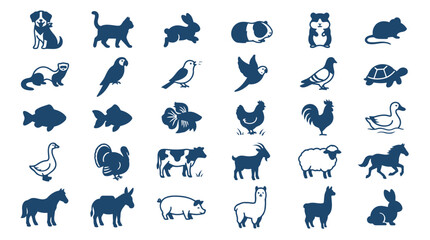 Obraz premium Pets and farm animals vector icons. domestic and livestock creatures symbol collection.