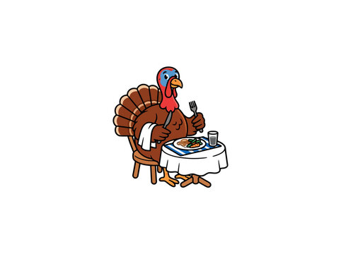 Cartoon Turkey Sitting At A Dining Table With Fork And Knife, Beside A Plate Of Food, Ready To Eat, Festive Thanksgiving Vector Illustration
