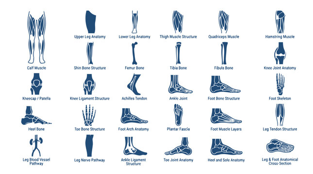 Leg human anatomy flat outline vector icons. body medical science education infographics set.