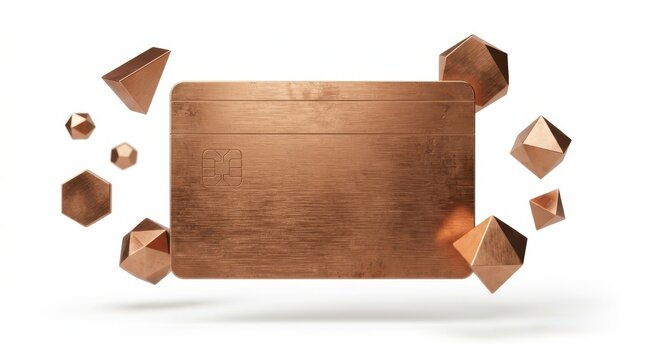 Copper credit card mockup surrounded by floating geometric poly shapes