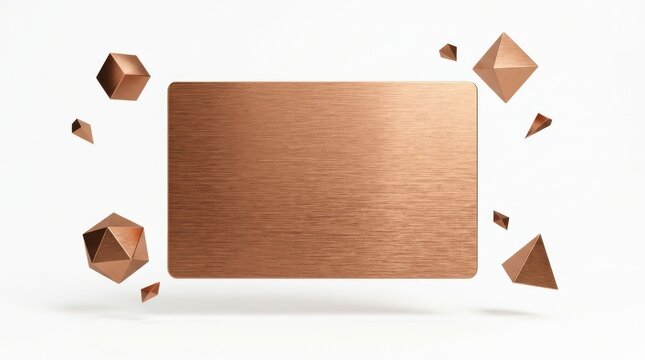 Brushed copper bank card floating with small polyhedron crystal shapes, polygons