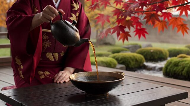 Enjoying tea in a garden with autumn leaves in Japan
