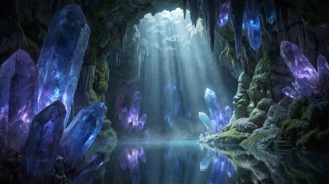 Huge iridescent purple and blue crystals rise majestically from the tranquil reflective waters within a dark jagged cavern while bright natural sunlight streams down from a high rocky opening illumina