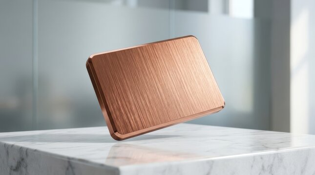 Close-up of floating rose gold metal card above white marble pedestal